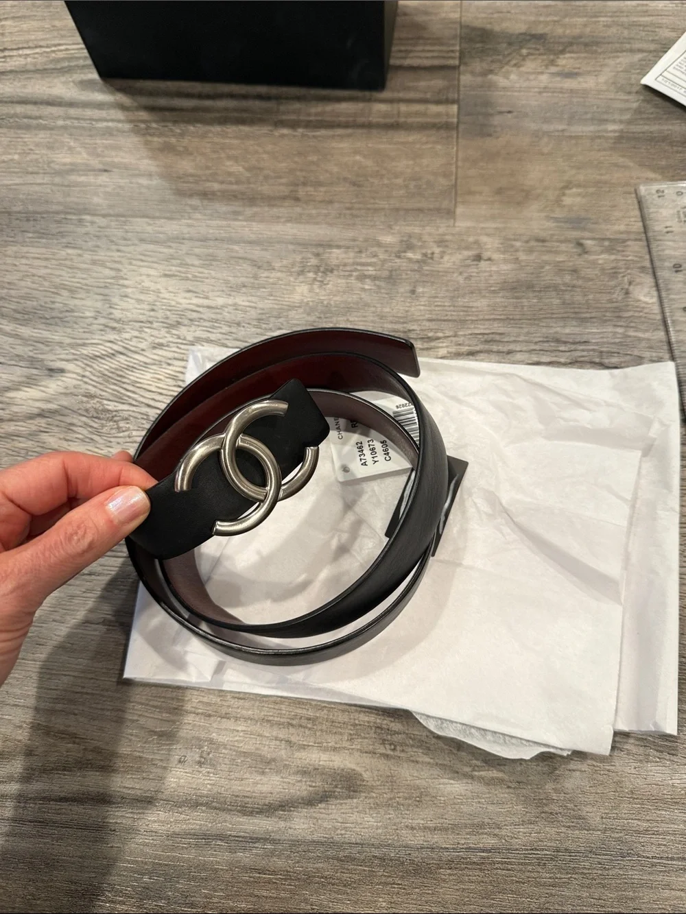 CHANEL Calfskin Leather CC Reversible Belt Silver Buckle Black Burgundy